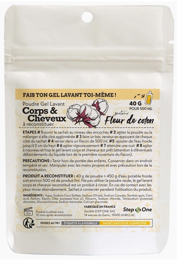 Recharge 2 EN 1 Gel lavant Corps & Cheveux - Fleur de Coton STEP-ONE
